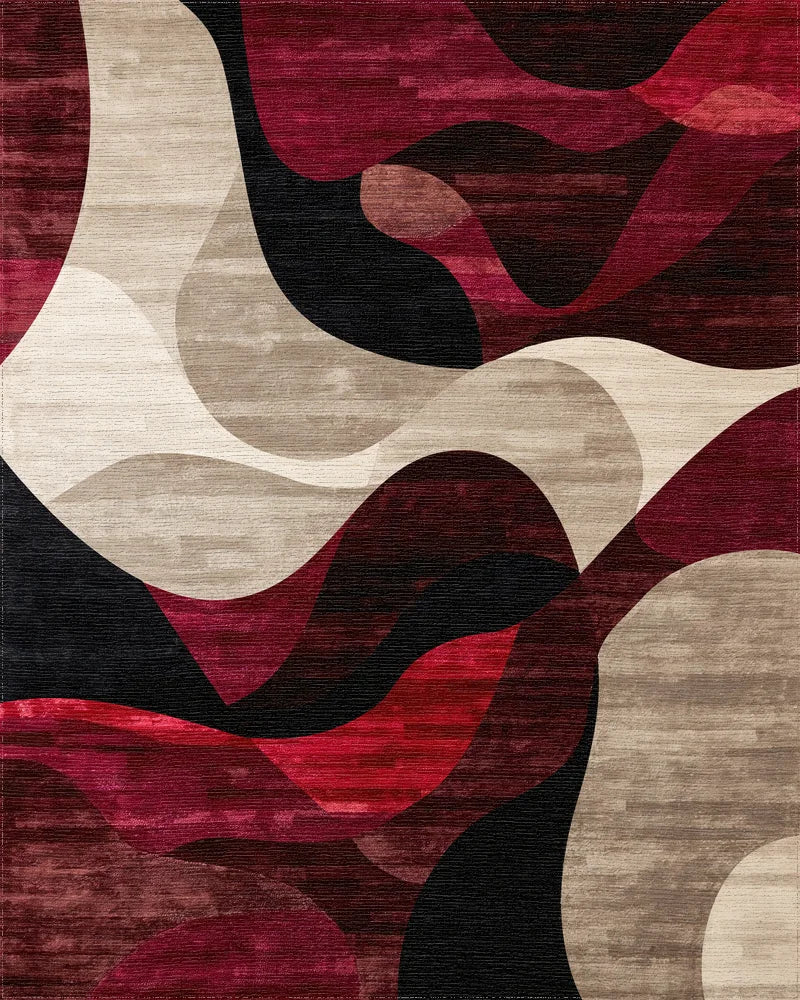 Crimson Abstract Flowing Waves Rug - Cutout View