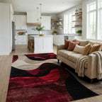 Crimson Abstract Flowing Waves Rug - Living Room View