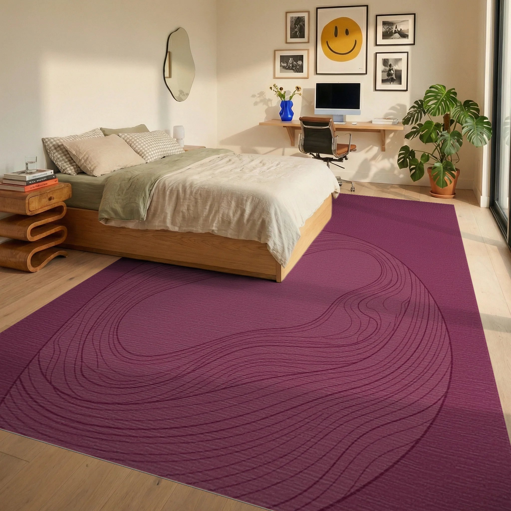Crimson Abstract Wavy Line Enclosure Rug Bedroom View