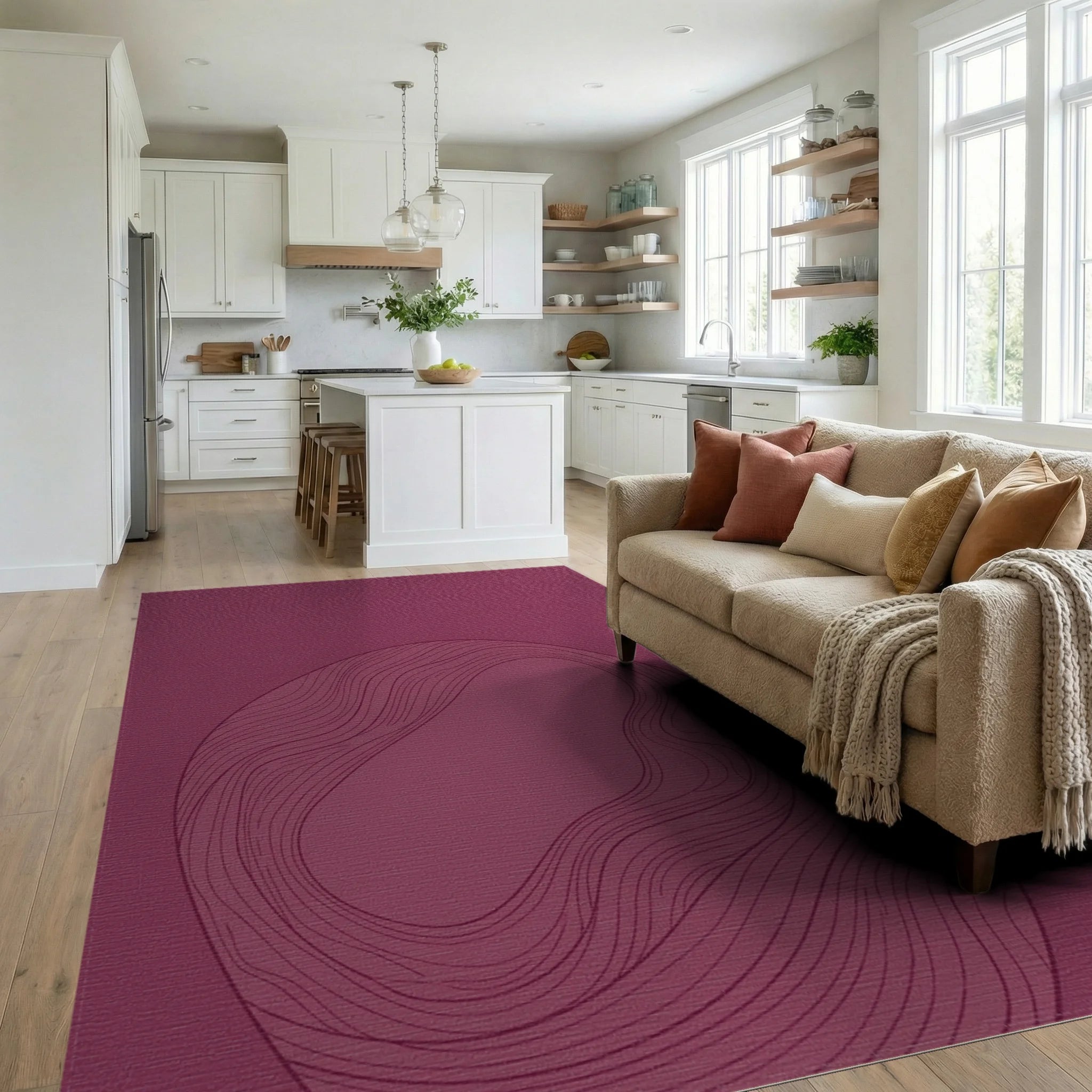Crimson Abstract Wavy Line Enclosure Rug Living Room View