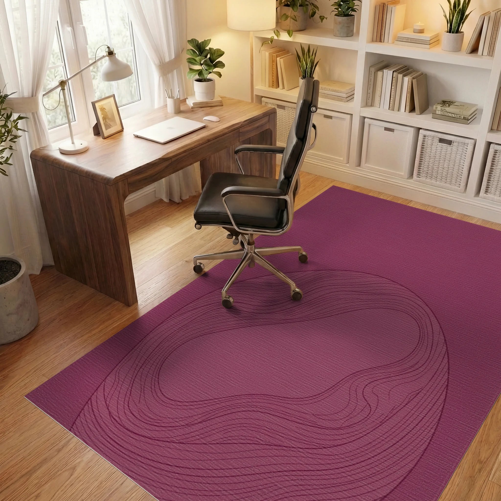 Crimson Abstract Wavy Line Enclosure Rug Office View