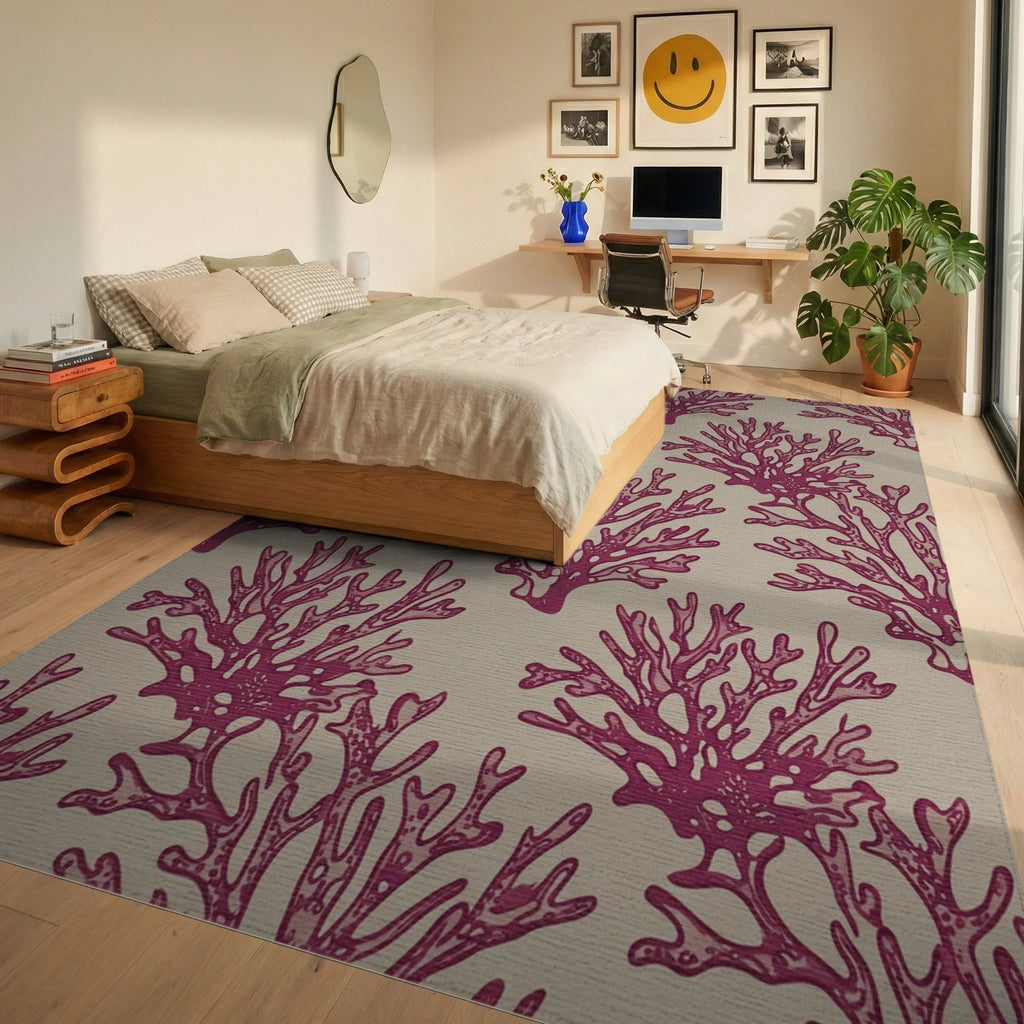 Crimson Coral Branch Repeats Rug Bedroom View