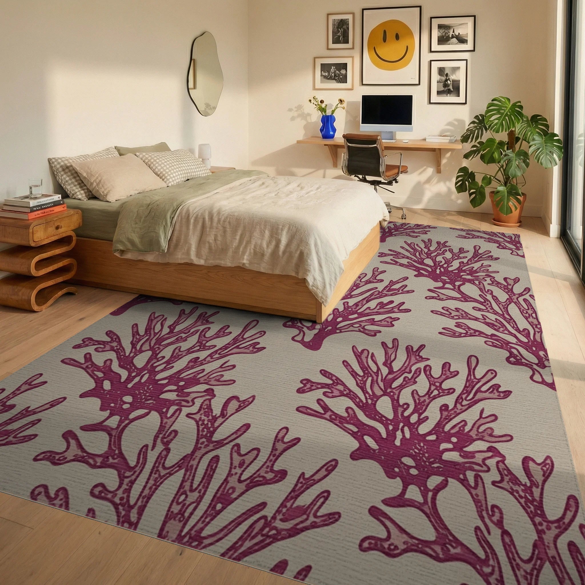 Crimson Coral Branch Repeats Rug Bedroom View