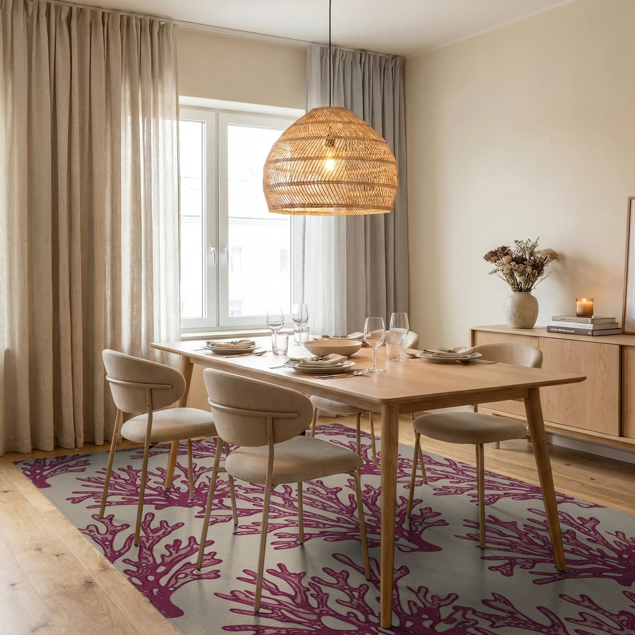 Crimson Coral Branch Repeats Rug Dining Room View