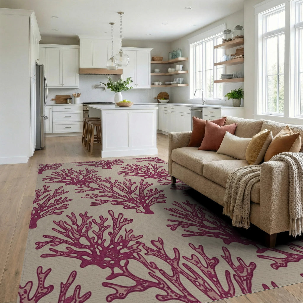 Crimson Coral Branch Repeats Rug Living Room View