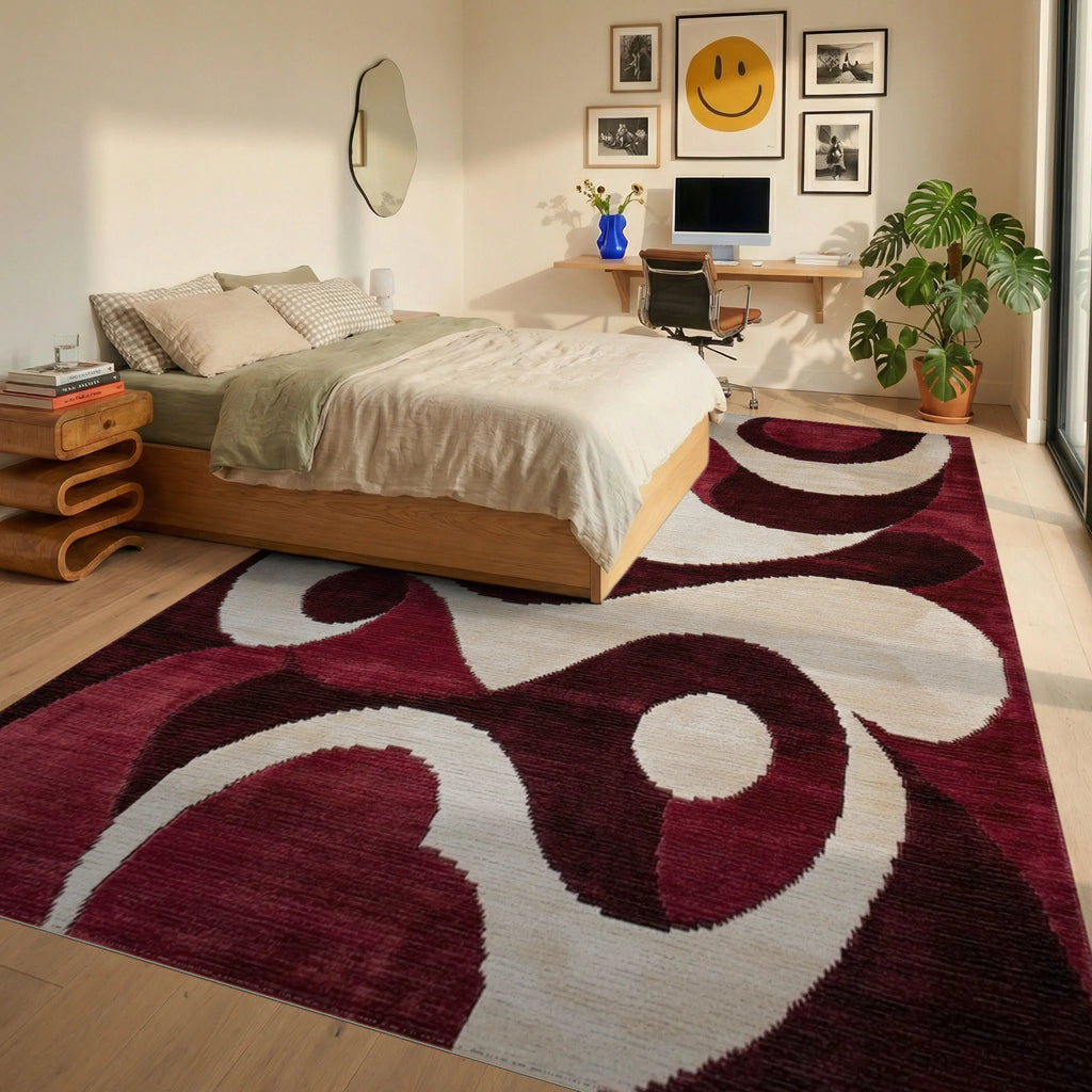 Crimson Cream Bold Swirl Rug - Bedroom View