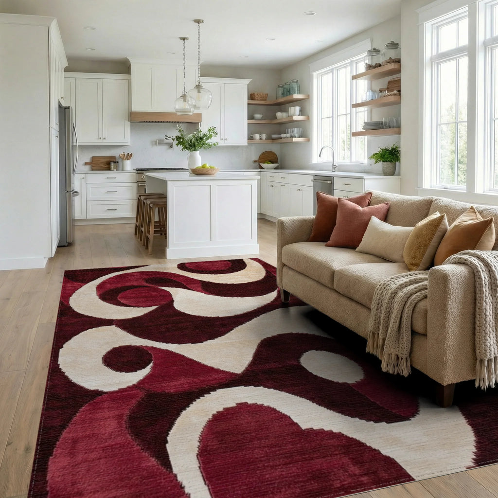 Crimson Cream Bold Swirl Rug - Living Room View