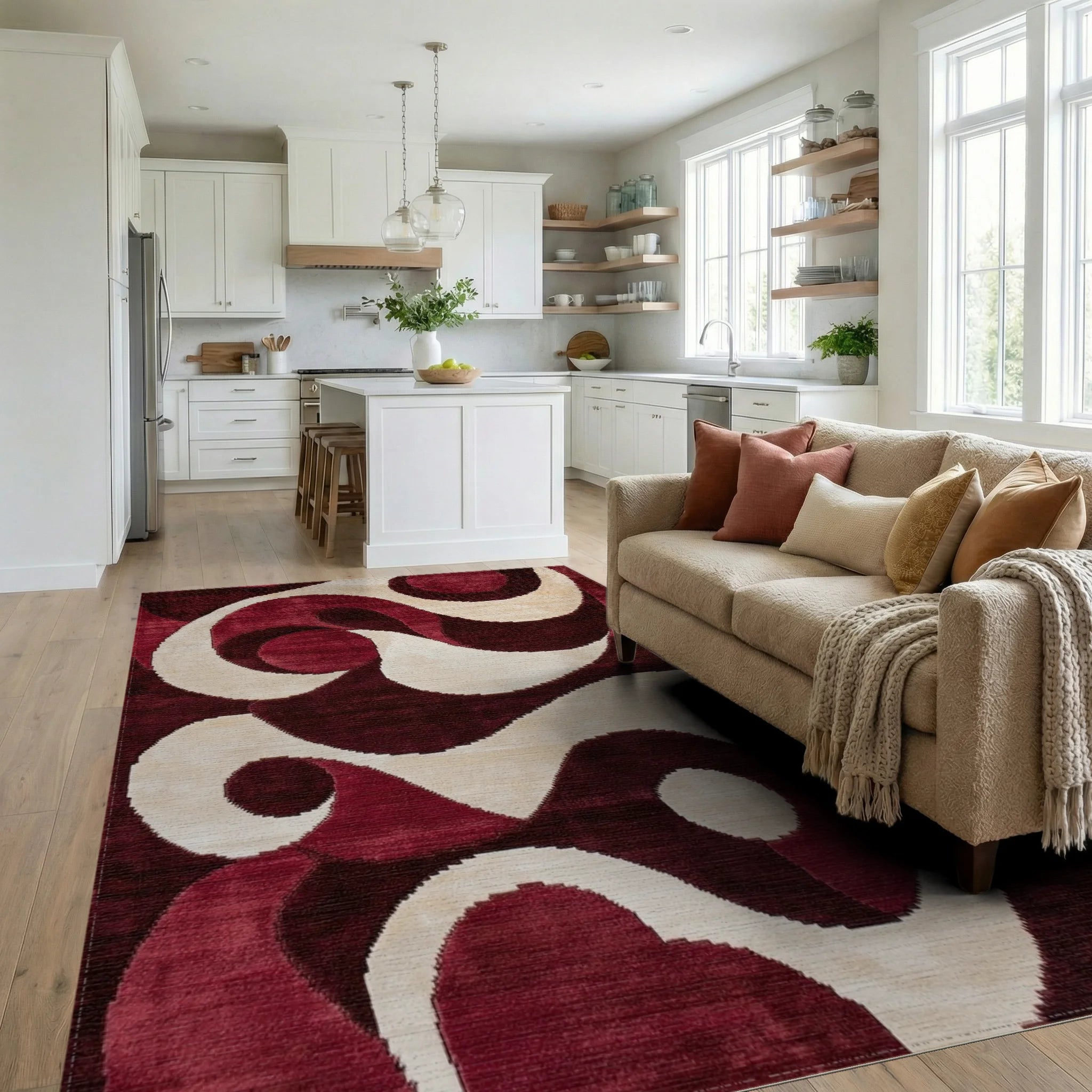 Crimson Cream Bold Swirl Rug - Living Room View