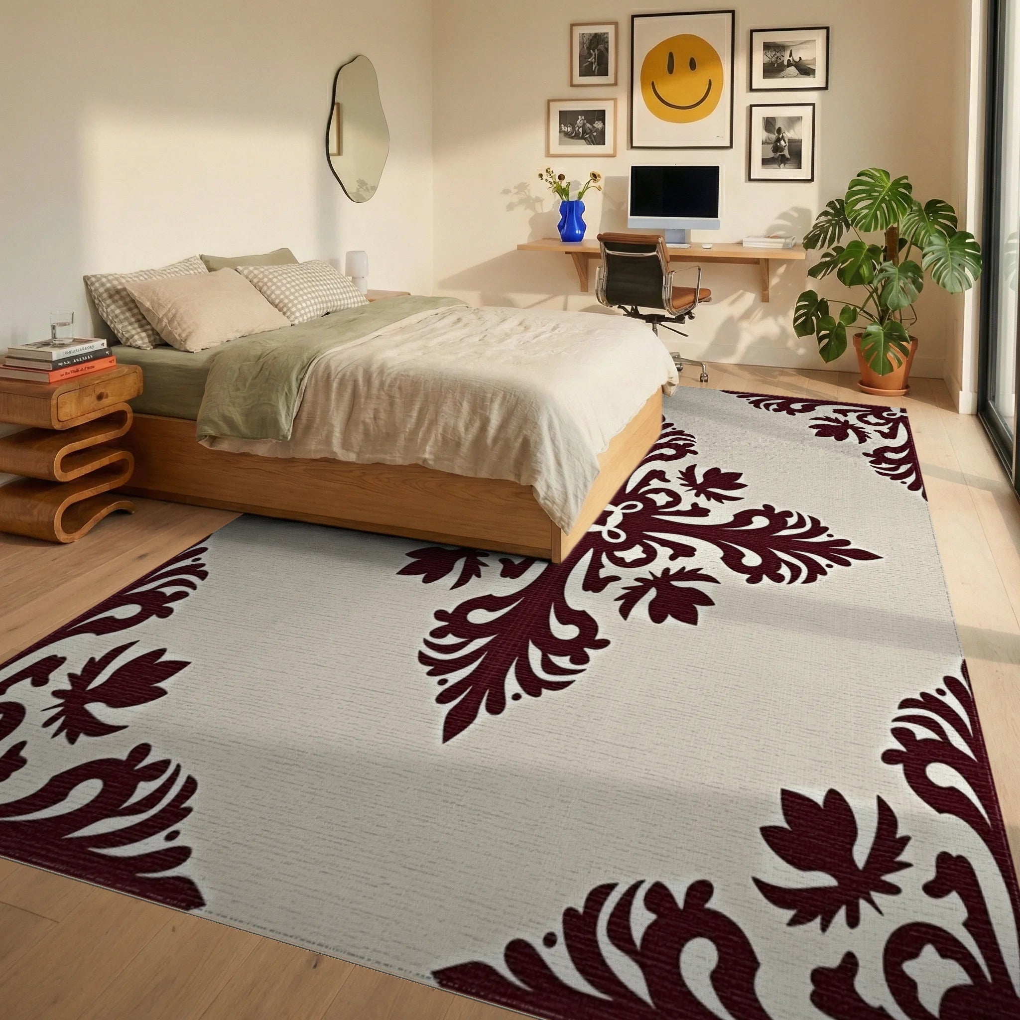 Crimson Cream Damask Scroll Medallion Rug Bedroom View