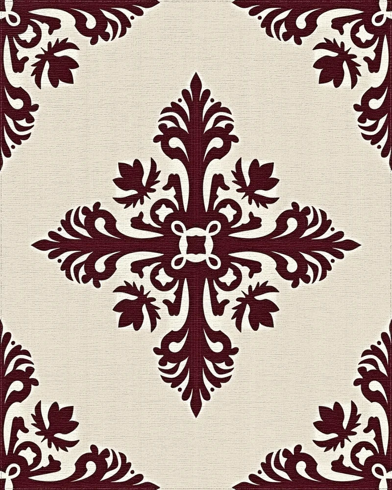 Crimson Cream Damask Scroll Medallion Rug - Cutout View
