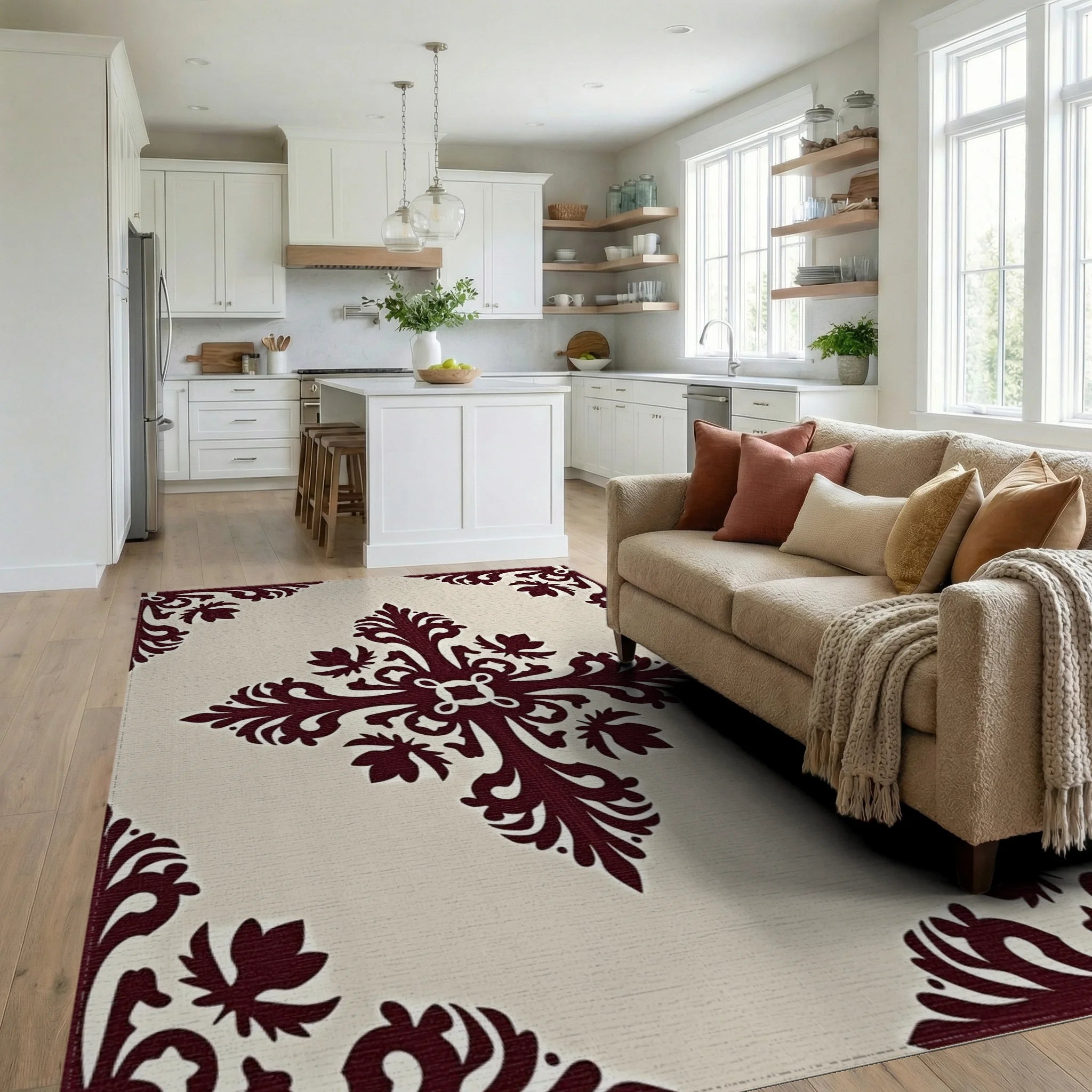 Crimson Cream Damask Scroll Medallion Rug Living Room View