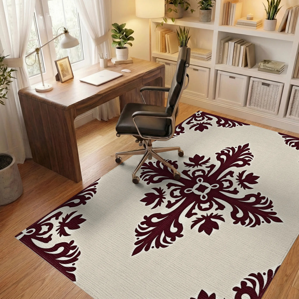 Crimson Cream Damask Scroll Medallion Rug Office View