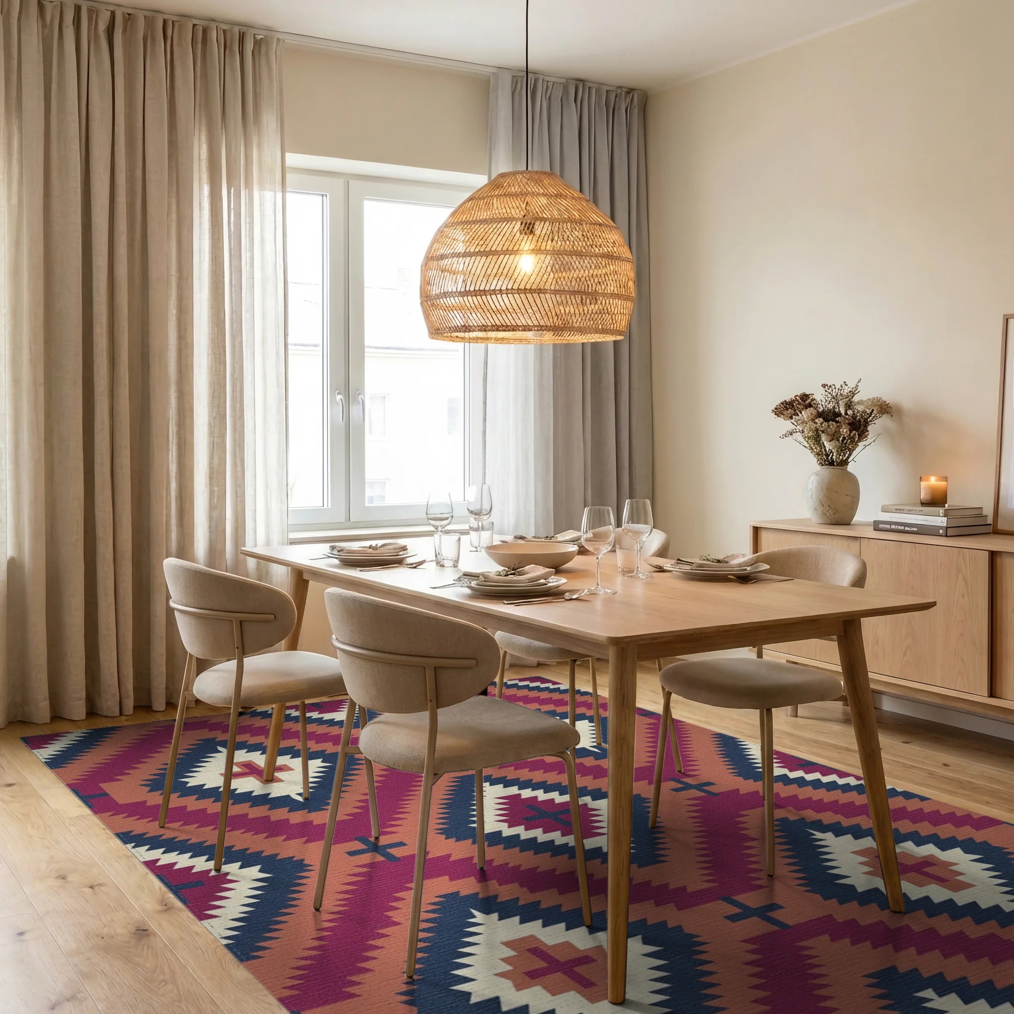 Crimson Diamond Sun Motif Rug Dining Room View