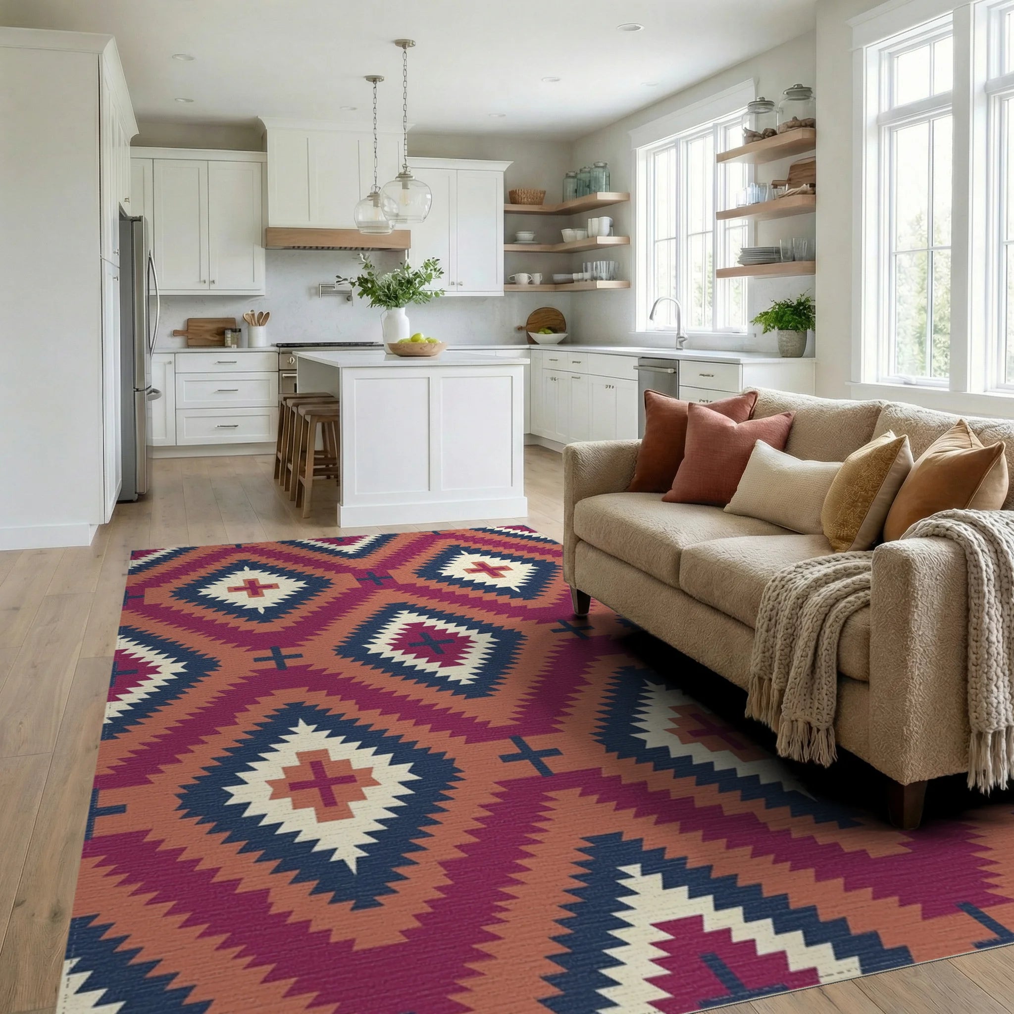 Crimson Diamond Sun Motif Rug Living Room View