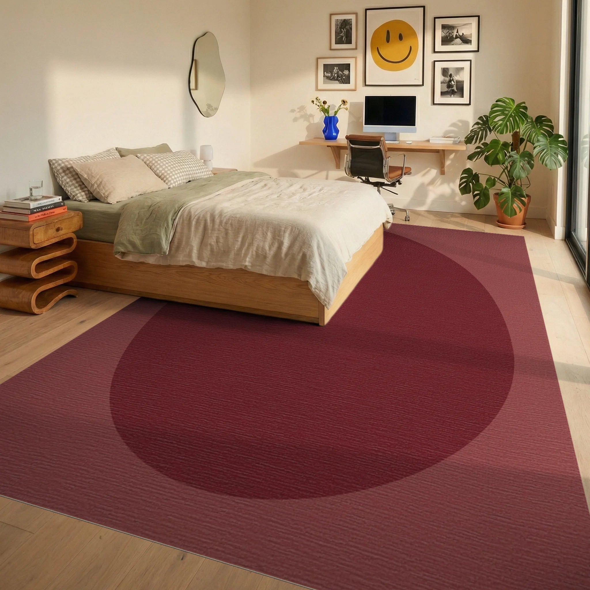 Crimson Egg Shape Abstract Rug Bedroom View