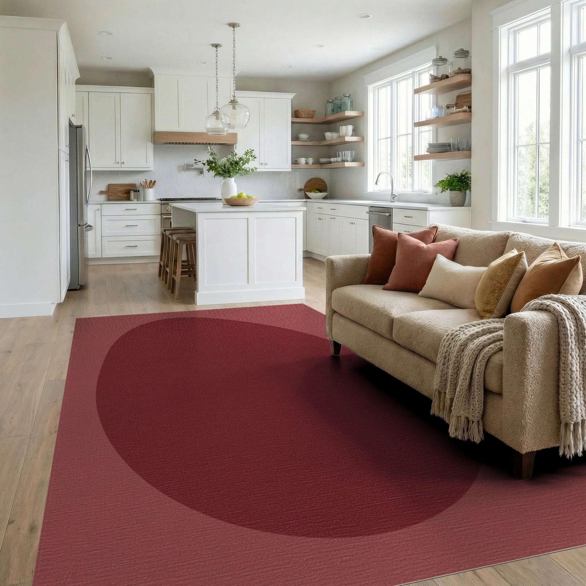 Crimson Egg Shape Abstract Rug Living Room View