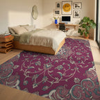 Crimson Floral Medallion Botanical Scroll Rug Bedroom View