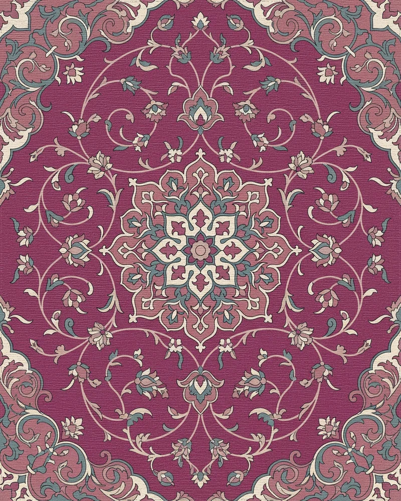 Crimson Floral Medallion Botanical Scroll Rug - Cutout View