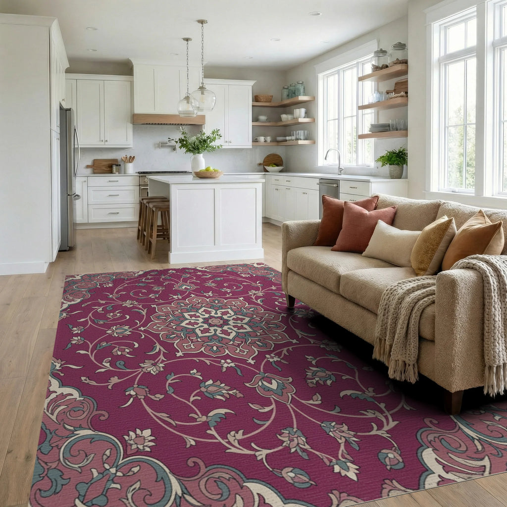 Crimson Floral Medallion Botanical Scroll Rug Living Room View