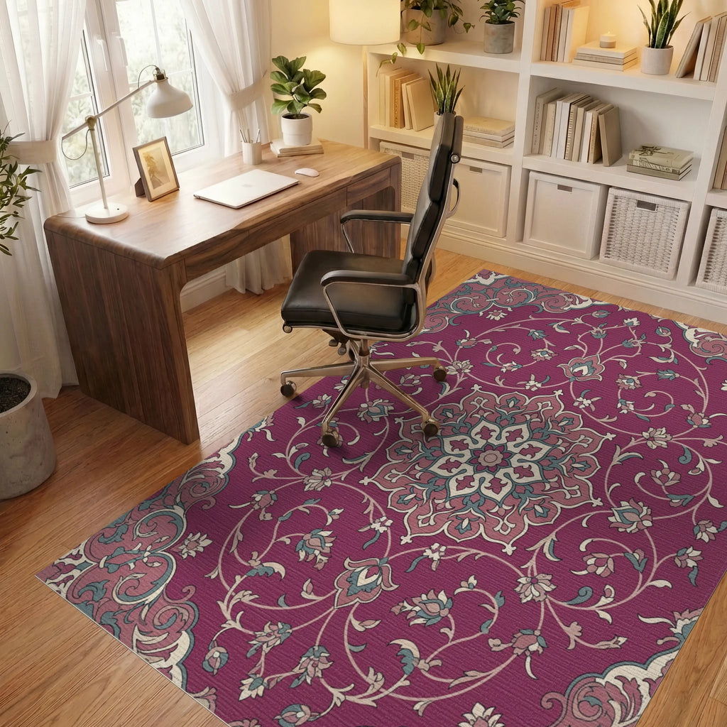 Crimson Floral Medallion Botanical Scroll Rug Office View