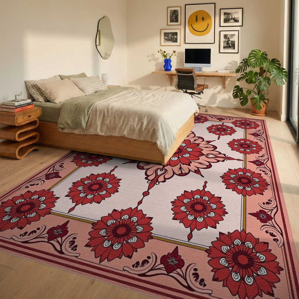 Crimson Floral Medallion Frame Rug - Bedroom View