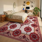 Crimson Floral Medallion Frame Rug - Bedroom View