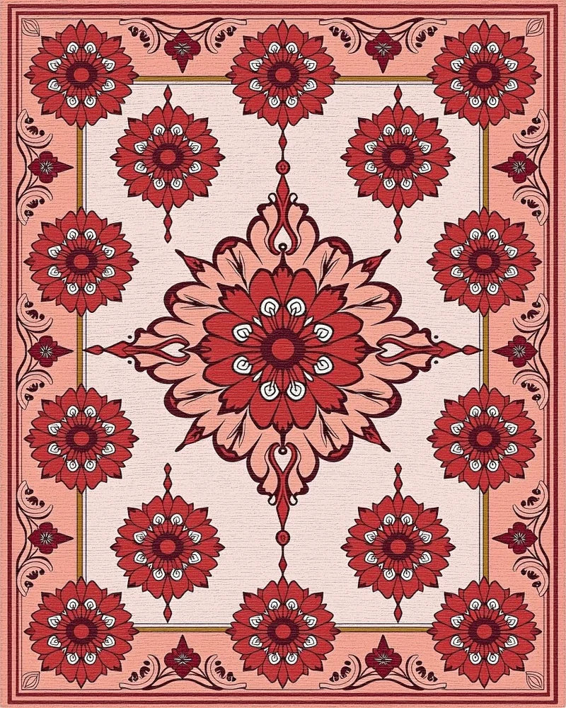 Crimson Floral Medallion Frame Rug - Cutout View