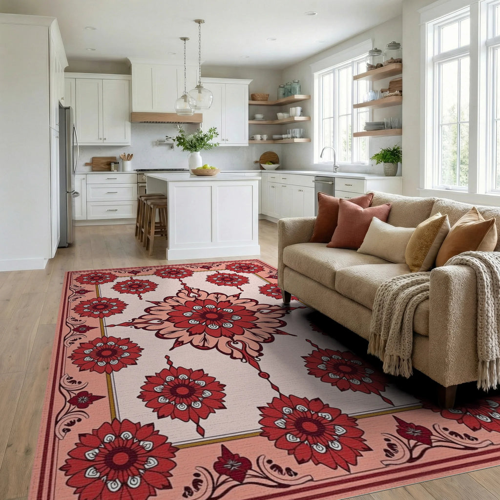 Crimson Floral Medallion Frame Rug - Living Room View