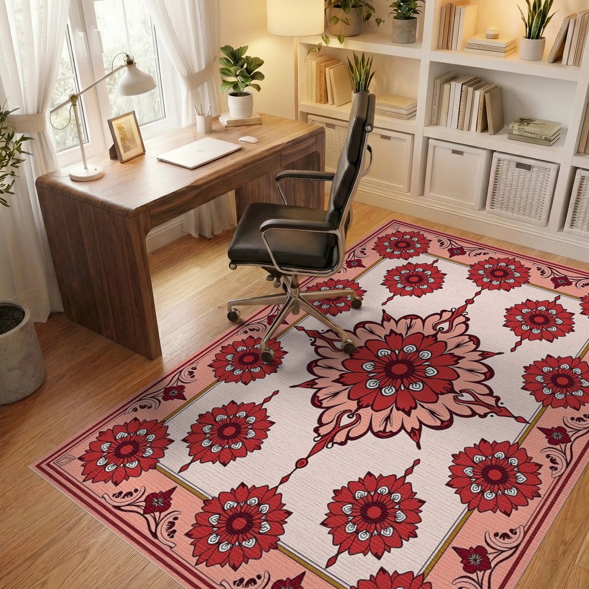 Crimson Floral Medallion Frame Rug - Office View