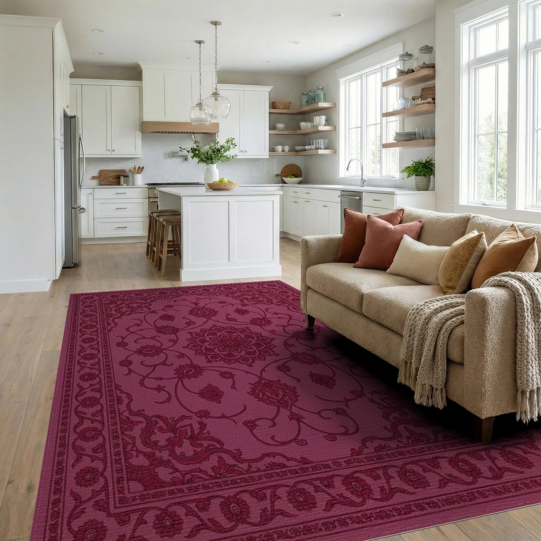 Crimson Floral Medallion Garden Rug Living Room View