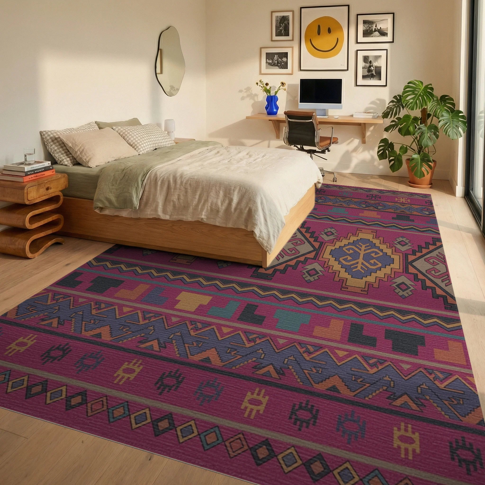 Crimson Geometric Tribal Medallion Rug Bedroom View