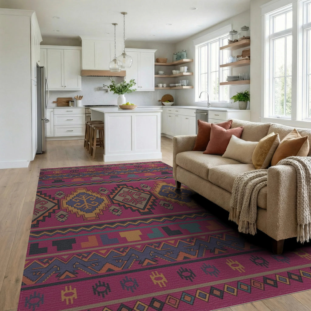 Crimson Geometric Tribal Medallion Rug Living Room View