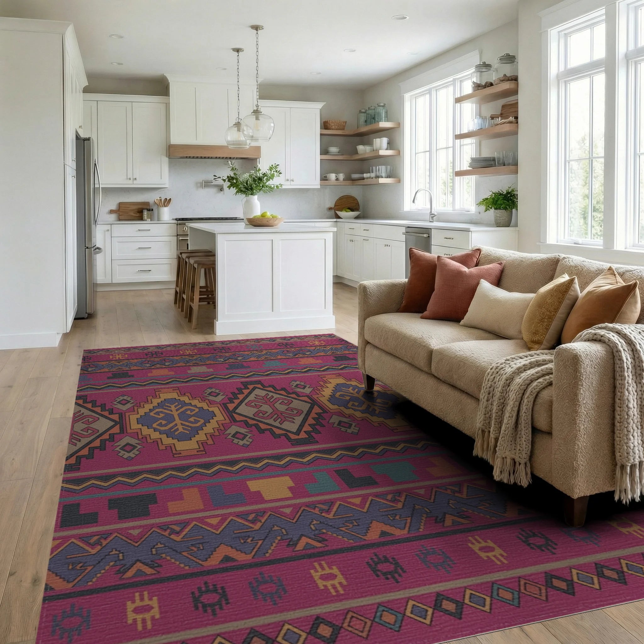 Crimson Geometric Tribal Medallion Rug Living Room View