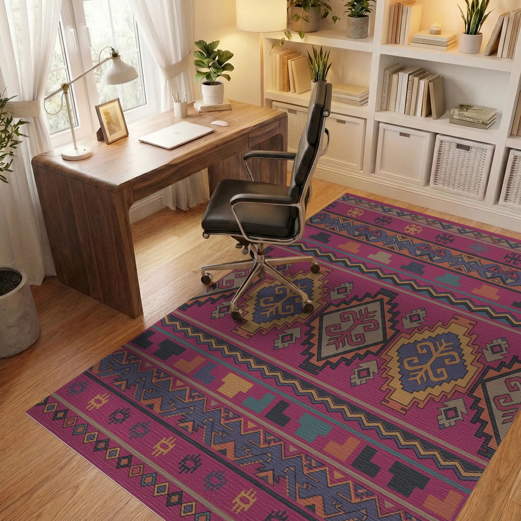 Crimson Geometric Tribal Medallion Rug Office View