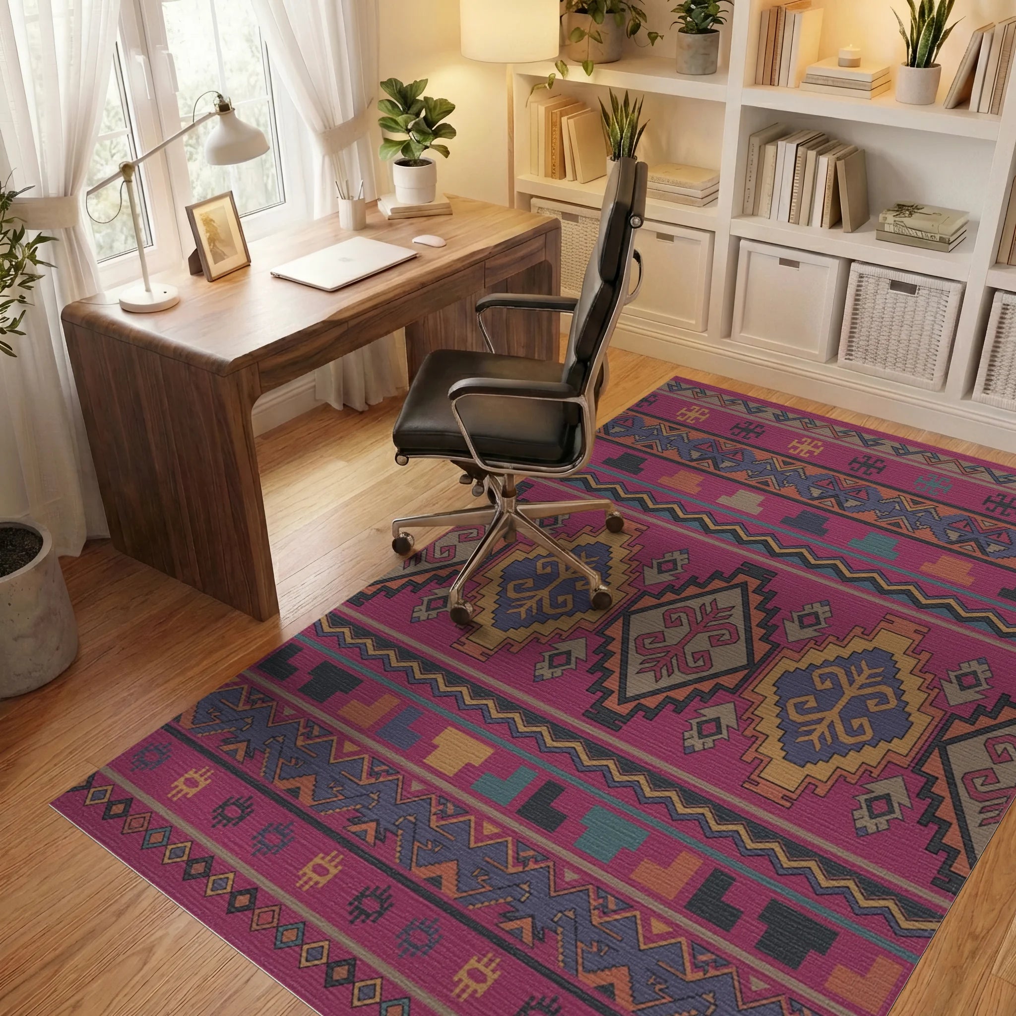 Crimson Geometric Tribal Medallion Rug Office View