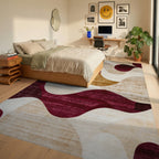 Crimson Gold Abstract Wave Rug - Bedroom View
