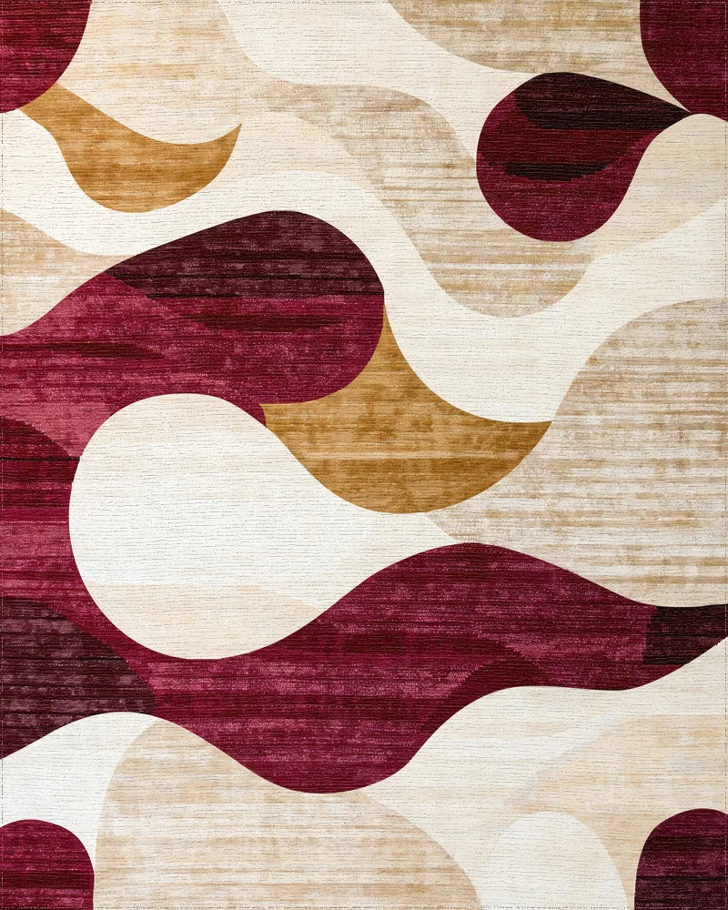 Crimson Gold Abstract Wave Rug - Cutout View