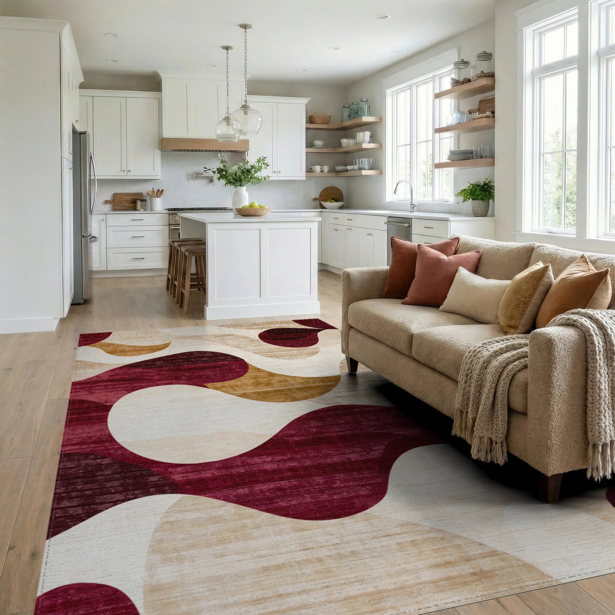 Crimson Gold Abstract Wave Rug - Living Room View
