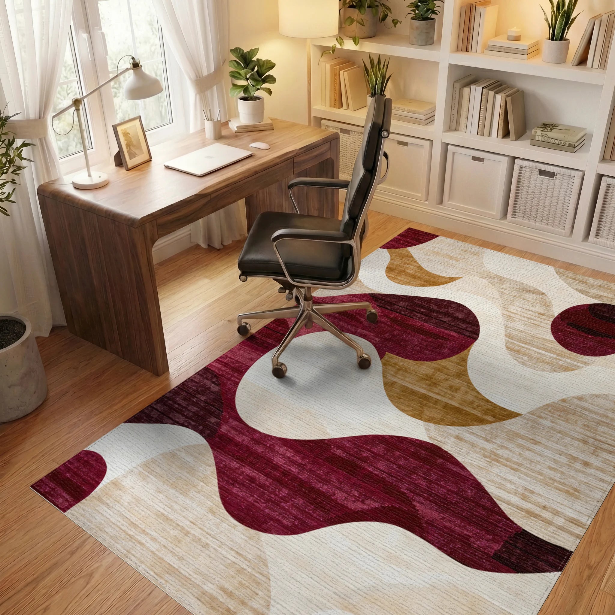 Crimson Gold Abstract Wave Rug - Office View