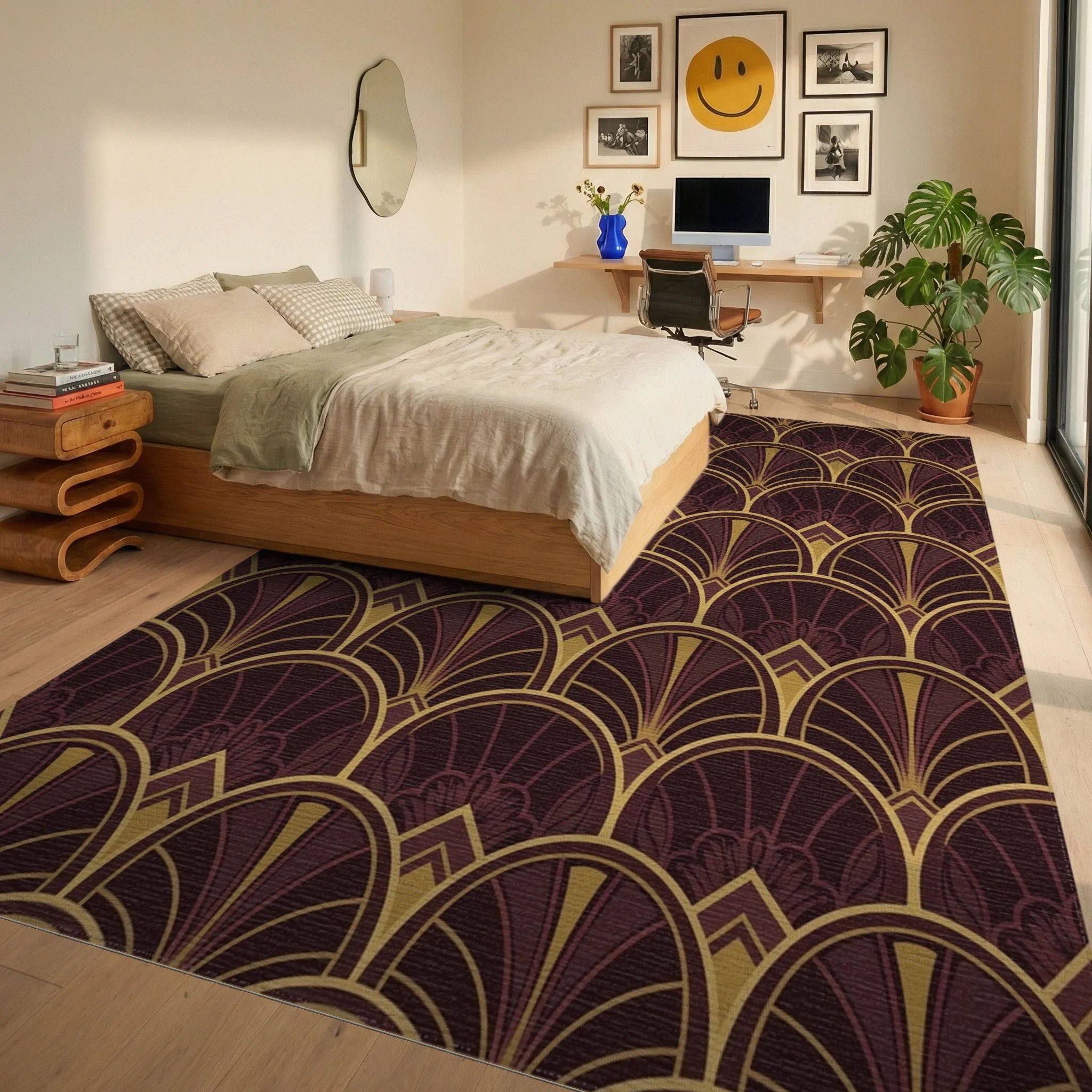 Crimson Gold Art Deco Fan Rug Bedroom View