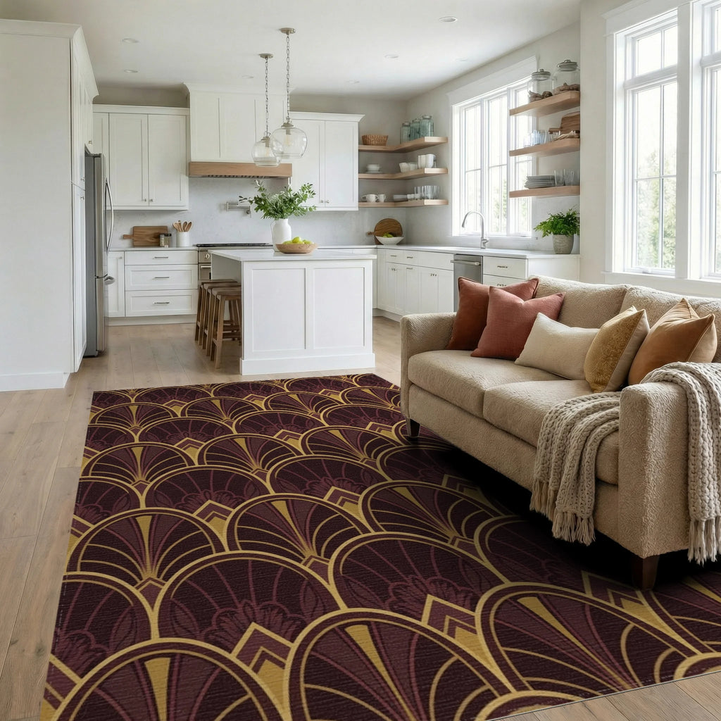 Crimson Gold Art Deco Fan Rug Living Room View