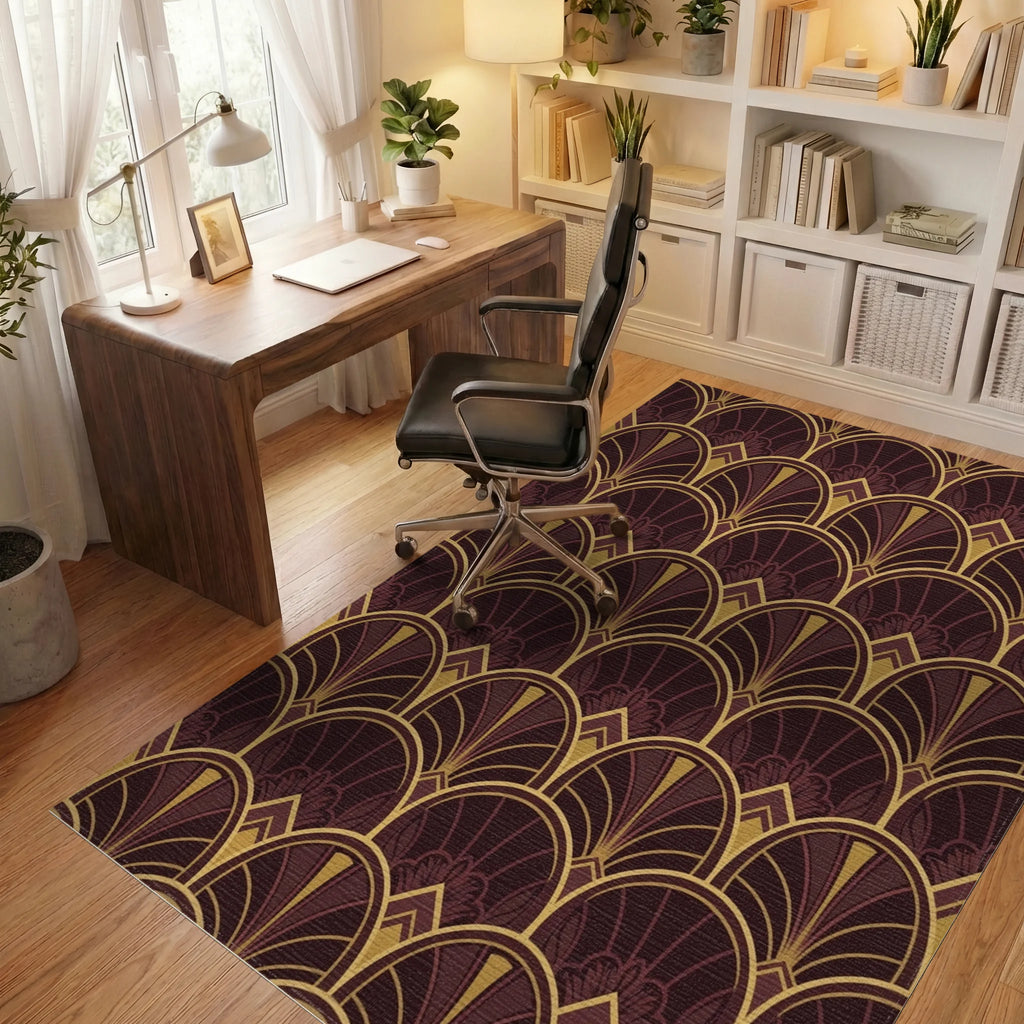 Crimson Gold Art Deco Fan Rug Office View
