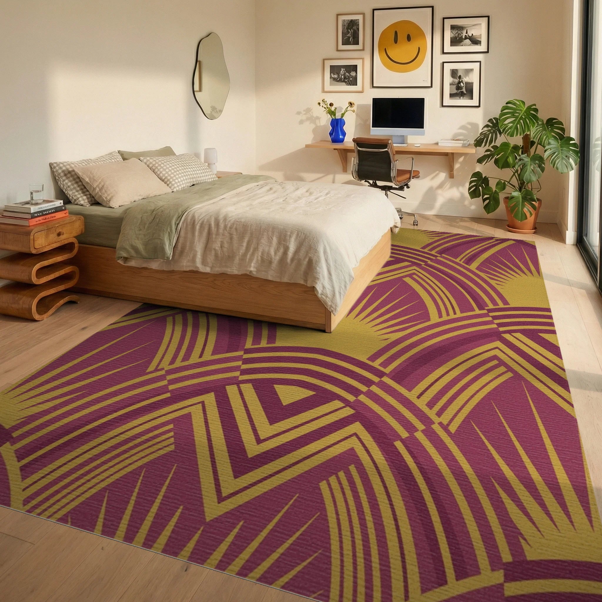 Crimson Gold Art Deco Sunburst Rug Bedroom View