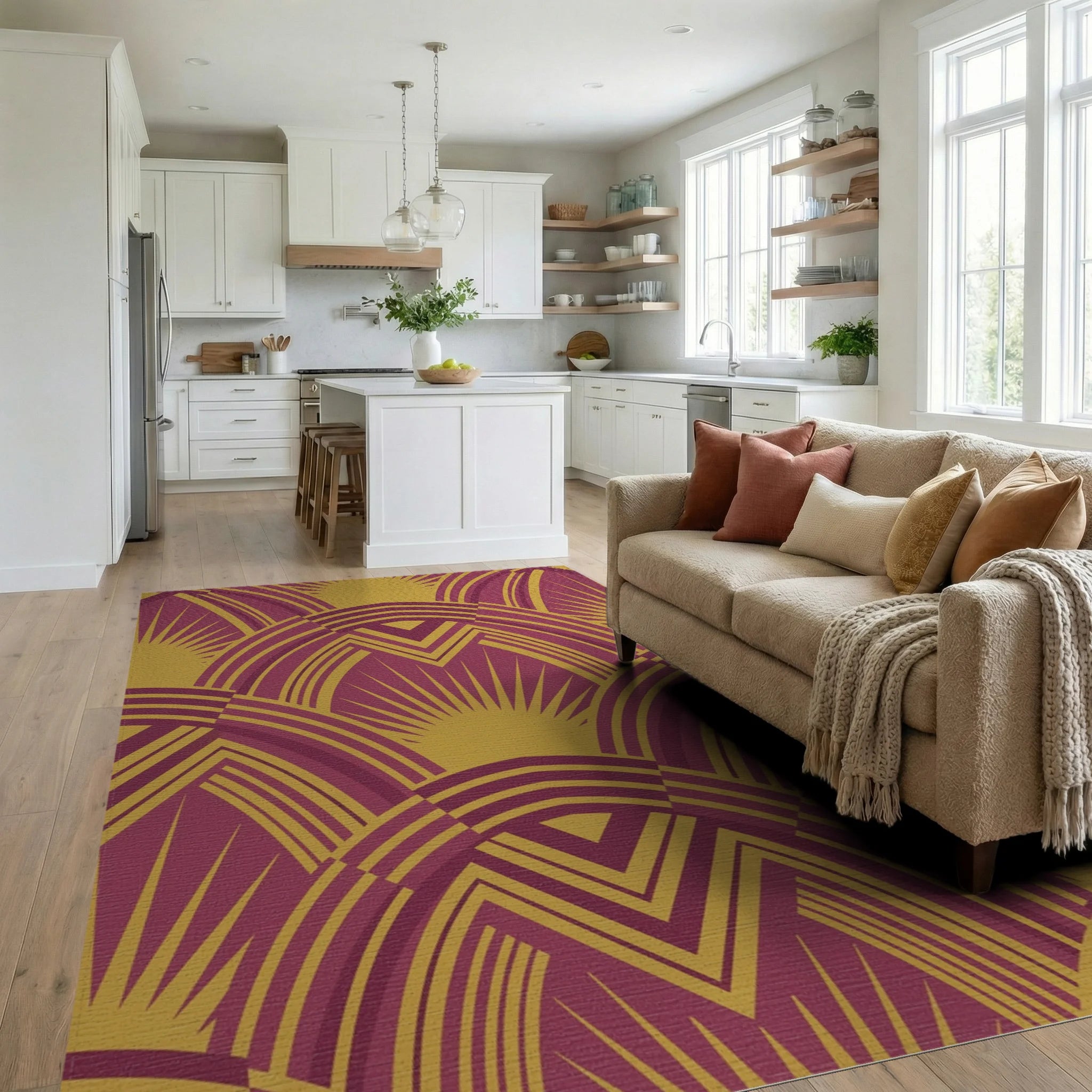 Crimson Gold Art Deco Sunburst Rug Living Room View