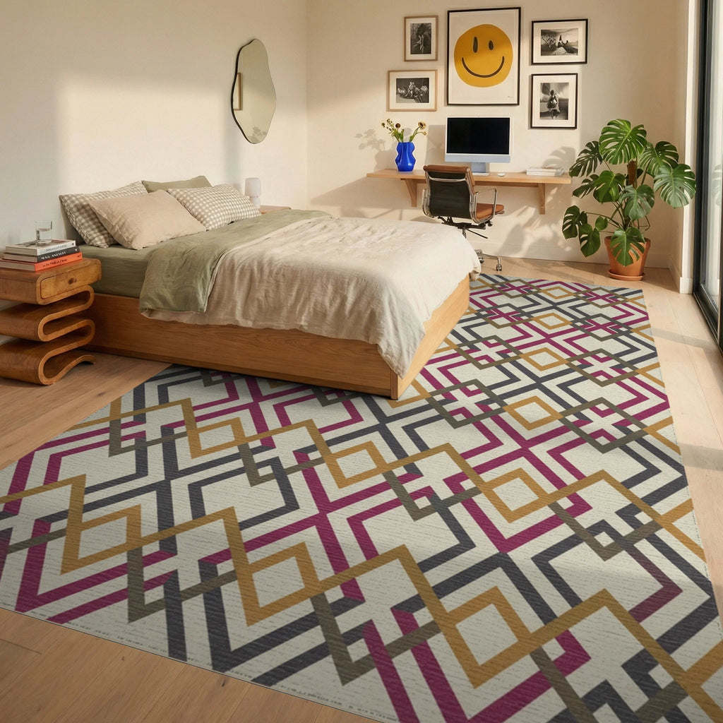 Crimson Gold Charcoal Interlocking Diamond Rug Bedroom View