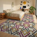 Crimson Gold Charcoal Interlocking Diamond Rug Bedroom View