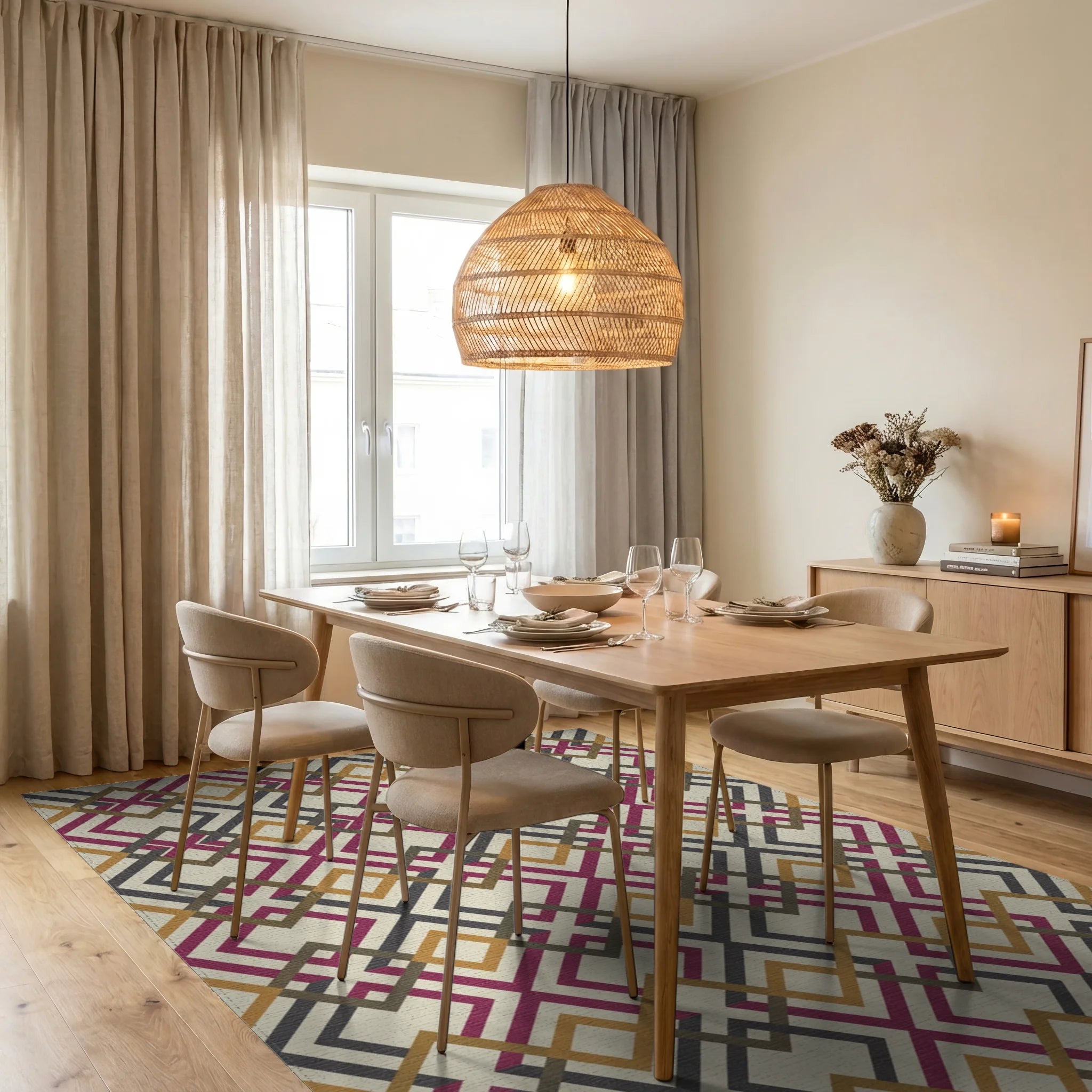 Crimson Gold Charcoal Interlocking Diamond Rug Dining Room View