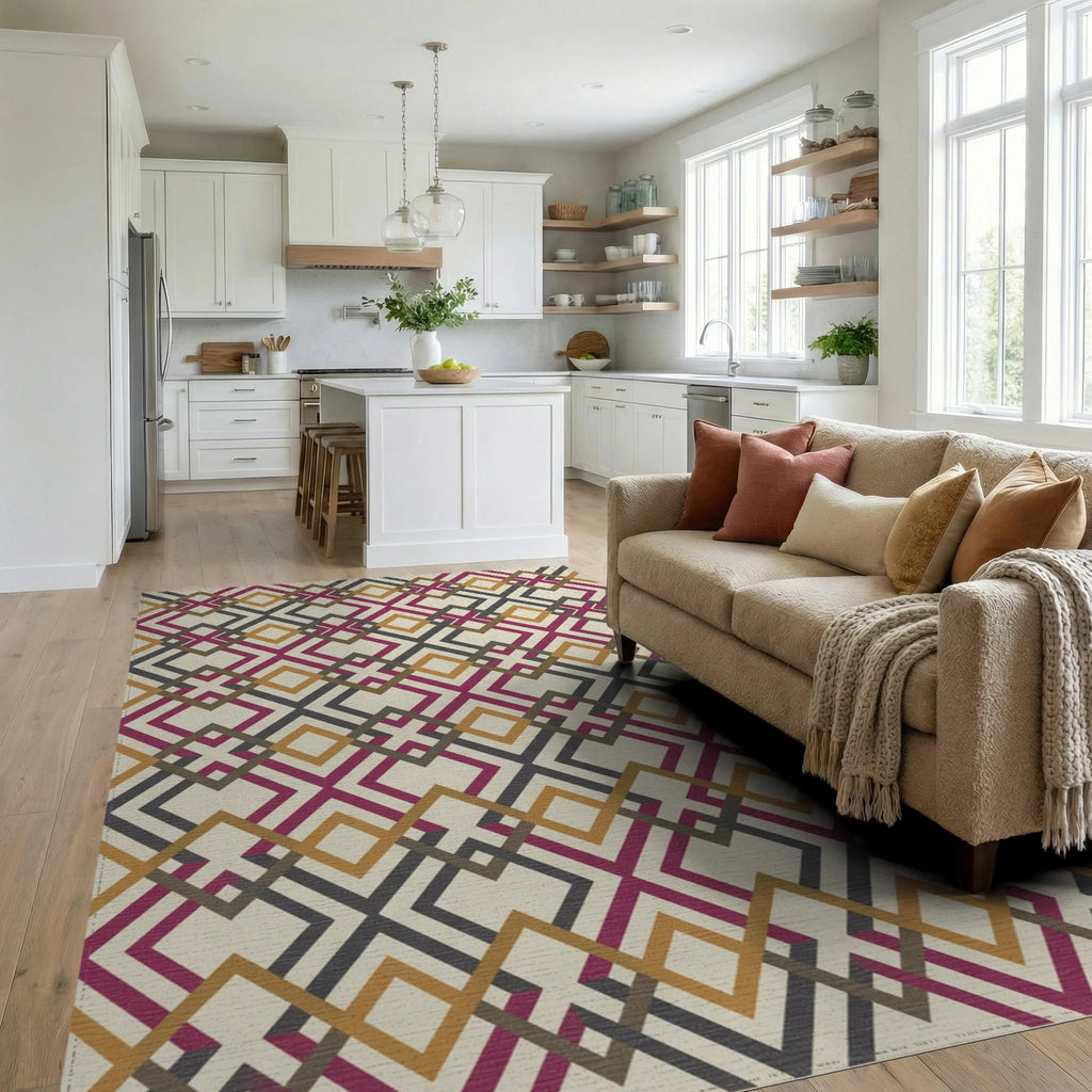 Crimson Gold Charcoal Interlocking Diamond Rug Living Room View