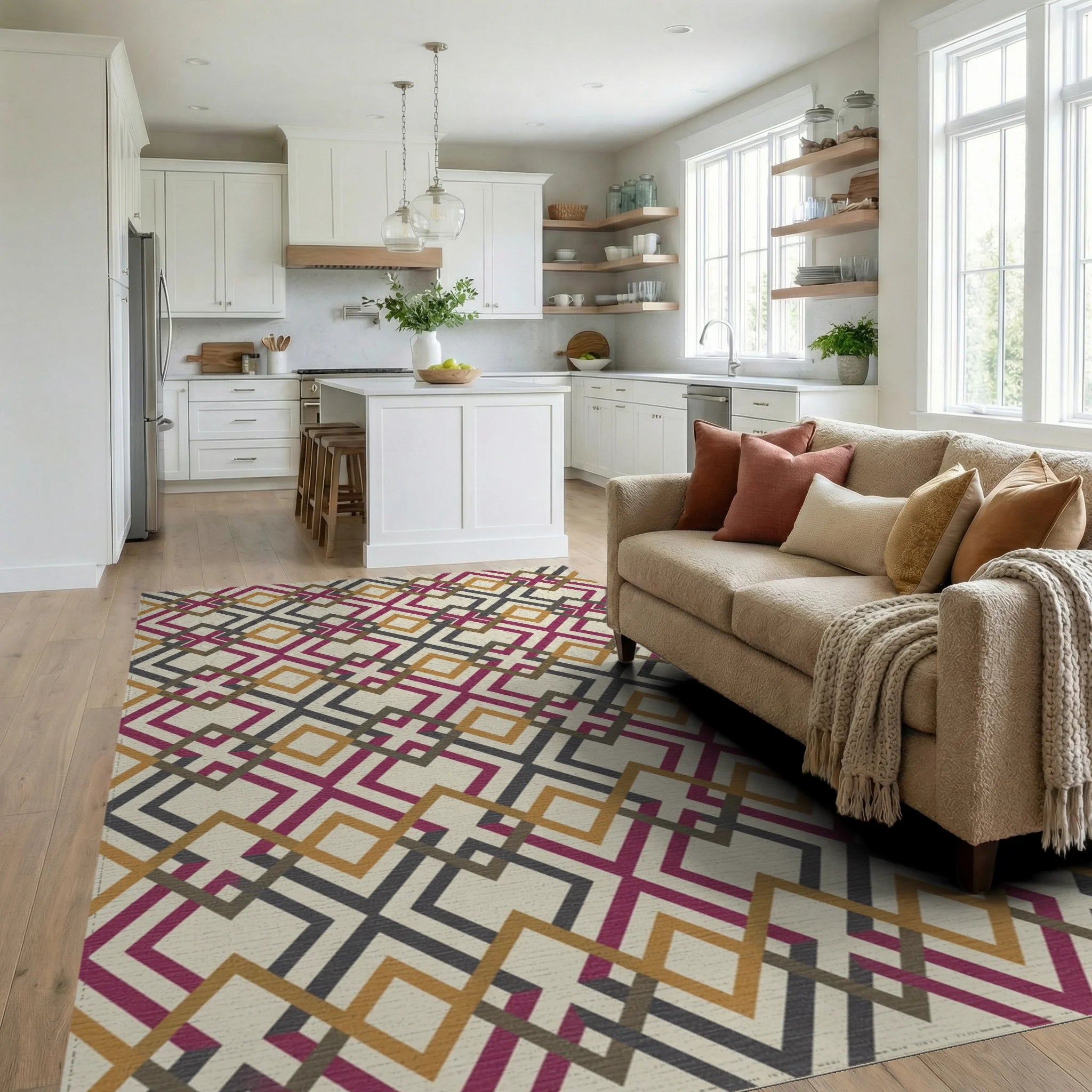 Crimson Gold Charcoal Interlocking Diamond Rug Living Room View
