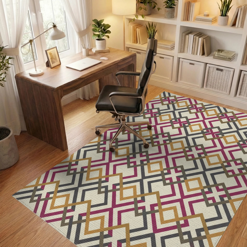 Crimson Gold Charcoal Interlocking Diamond Rug Office View